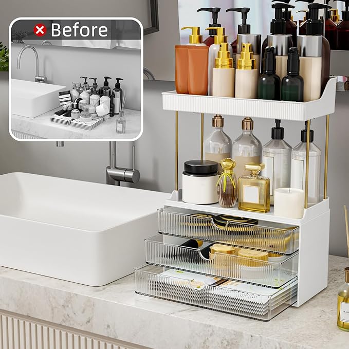 3 Drawers Bathroom Counter Organizer - 5 Tier Makeup Organizer, Versatile Perfume Organizer, Ideal for Bathroom Storage, Vanity, Large Skincare, Perfume, Present, Clear-NeatNest