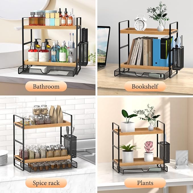 2 Tier Spice Rack Organizer for Countertop with Drawer and Basket, Suitable for Coffee Organizer, Kitchen Counter Storage, Bathroom Storage-NeatNest