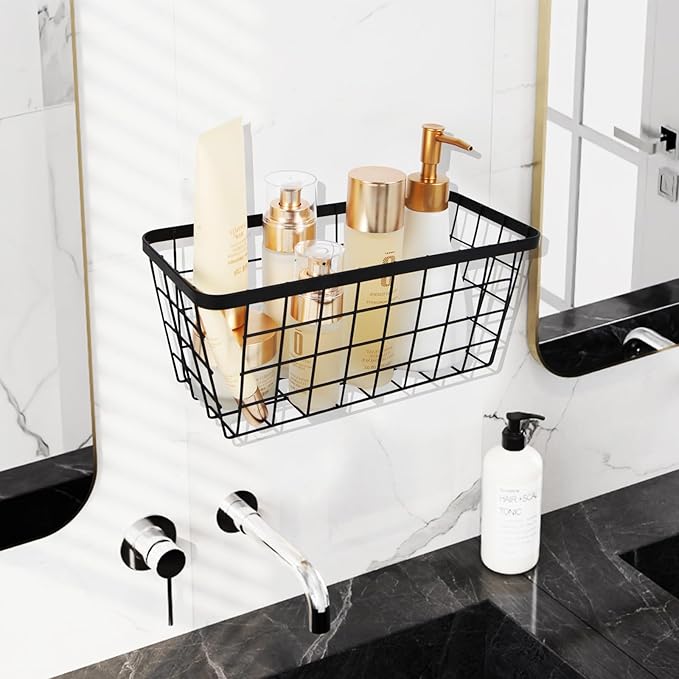 4 set Hanging Wall Basket Organizer,Over the Cabinet Door Wire Baskets for Organizing -Space-Saving Hanging Baskets for Organizing,Wall Mount Storage,No Drilling Adhesive Wall Storage Basket, Black-NeatNest