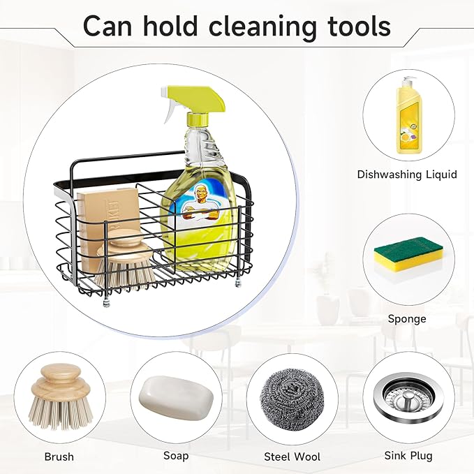 Black Kitchen Sink Caddy Organzier, Sponge Holder for Kitchen Sink, Metal High Brush Holder, Dish Sponge Holder Basket for Sponges, Scrubbers, Dish Soap Bottles Wall Mounted/Countertop-NeatNest