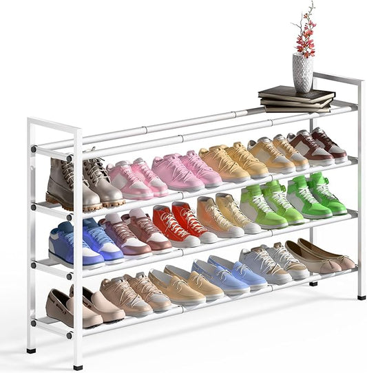 Bumusty 4-Tier Long Expandable Shoe Rack for Closet, 18"-44" Adjustable Shoe Rack for Entryway, 20-24 Pairs Large Shoe Organizer Shelf Storage, Sturdy Metal, White-NeatNest