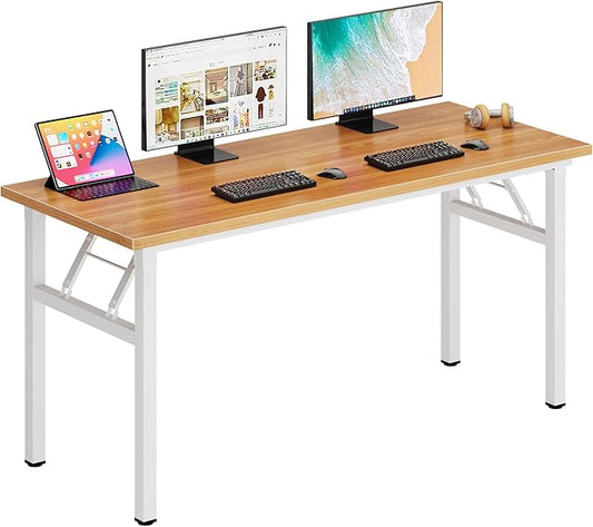 DlandHome Computer Desk 62 inches Office Desk Computer Table Study Writing Desk Workstation for Home Office Metal Frame Teak and White-NeatNest