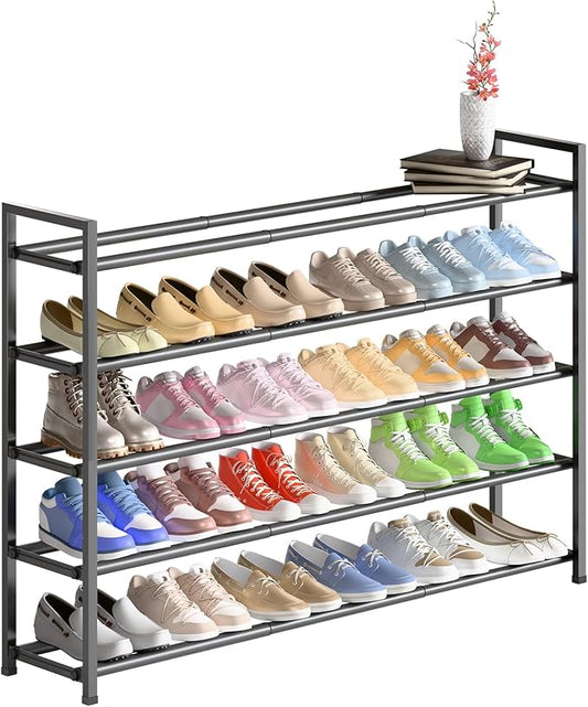 Bumusty 5-Tier Long Expandable Shoe Rack for Closet, 18"-44" Adjustable Shoe Rack for Entryway, 25-30 Pairs Large Shoe Organizer Shelf Storage, Sturdy Metal, Grey-NeatNest