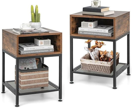 Giantex 2-Tier Side Table Set of 2, Industrial End Table with Open and Mesh Storage Shelf, Stable Metal Frame, Telephone Table for Small Space, Bedside Table Night Stand for Living Room, Rustic Brown