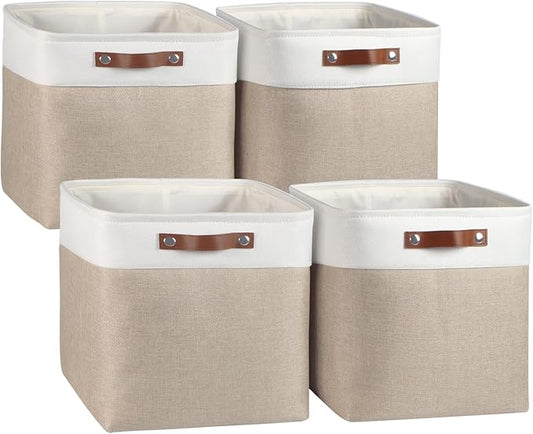 Univivi 4 PC 13 Inch Cube Storage Baskets with Hard Bottom for Shelves Foldable Storage Baskets for Closet Storage Clothes,Cube Storage Bin, Storage Basket with Handles for Organizing (Khaki)-NeatNest