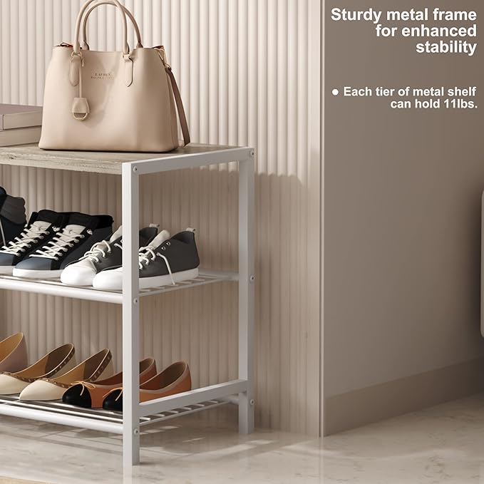 HOMEFORT 3-Tier Shoe Rack, Shoe Storage Shelf, Industrial Shoe Tower, Narrow Shoe Organizer for Closet Entryway, Small Shoe Rack Table with Durable Metal Shelves, White Oak-NeatNest