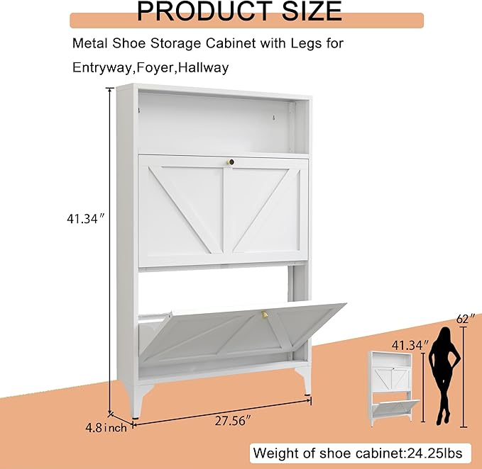 Shoe Cabinet with 2 Flip Drawers, Farmhouse Shoe Organizer, Narrow Shoe Rack Cabinet, Freestanding Shoe Storage Cabinet with Open Storage for Entryway, Foyer, Hallway, White