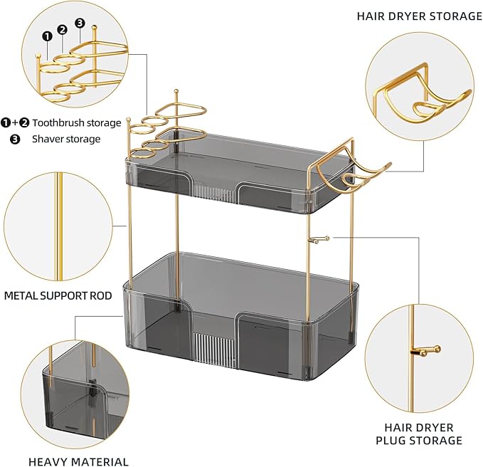2 Tier Bathroom Organizer Countertop Makeup Perfume Tray Skincare Organizer Comes with Hair Dryer Rack and Toothbrush Holder for Bathroom Dresser Vanity (Grey)-NeatNest