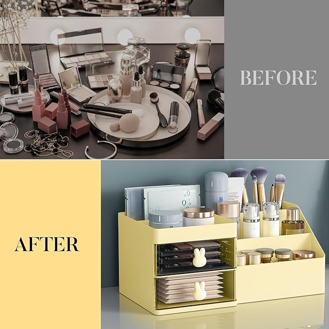 Makeup Organizer, Cosmetic Desk Storage Box with Drawers Skincare Organizers for Dressing Table, Countertop, Bathroom Counter, Vanity Holder for Brushes, Lotions, Lipstick, Perfume (Yellow-Clear)-NeatNest