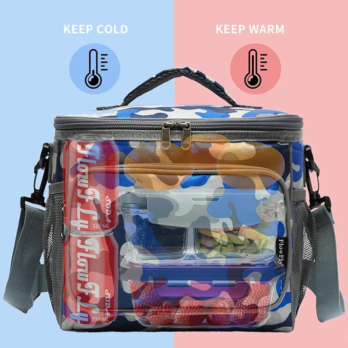 FlowFly Insulated Reusable Lunch Bag Adult Large Lunch Box for Women and Men with Adjustable Shoulder Strap,Front Zipper Pocket and Dual Large Mesh Side Pockets,BlueCamo-NeatNest