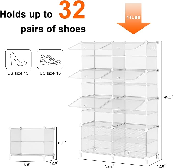 AWTATOS Shoe Rack, 8 Tier Shoe Storage Cabinet with Door, 32 Pair Shoe Organizer Shelves for Closet Hallway Bedroom Entryway, Transparent Twill-NeatNest