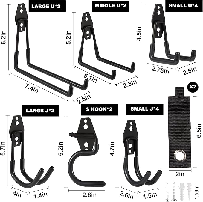 Garage Hook Heavy Duty Wall Storage Hangers, 18 Pack Garage Storage Hooks Steel Tool Black for Ladders, Ropes, Garden Tools-NeatNest