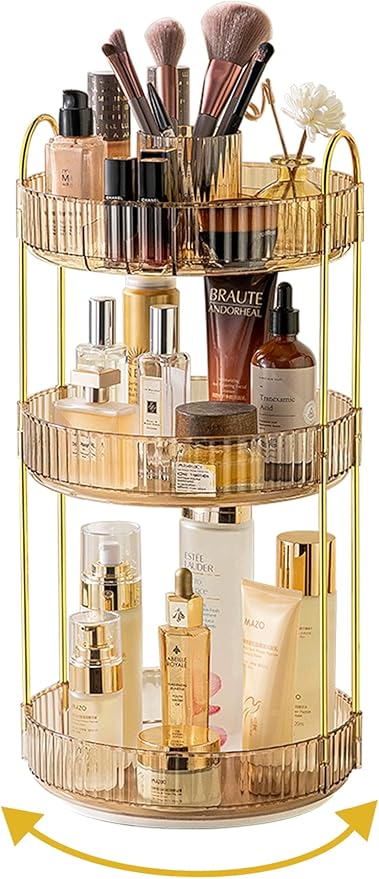 360 Rotating Makeup Organizer,3 Tier Large Capacity Make Up Organizers and Storage,Skincare Perfume Vanity Organizers,Bathroom Cosmetics Storage Organizer Countertop(Gold)-NeatNest