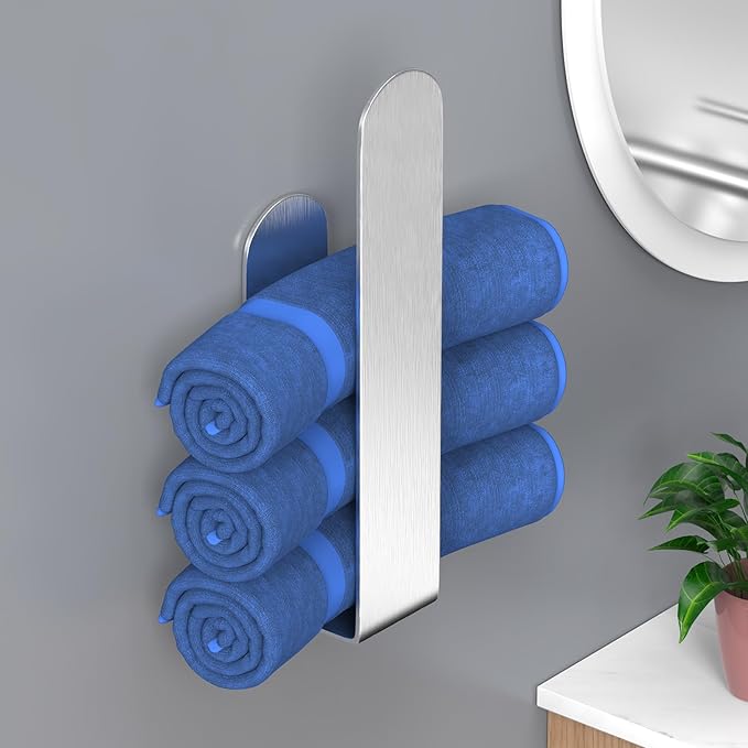 HUFEEOH Hand Towel Holder, Silver Hand Towel Bar, Self Adhesive Bathroom Towel Bar Stick on Wall, Stainless Steel Brushed