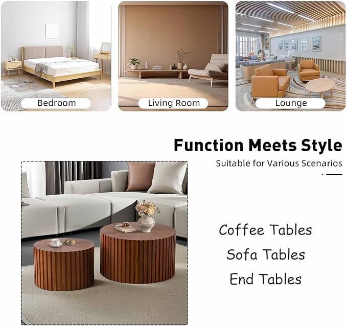 Modern Round Nesting Coffee Table Set of 2, Vertical Stripe Design Drum Coffee Table Cocktail Table, Round Side Table for Living Room, Bedroom, Office, Balcony (J15.0+18.9")