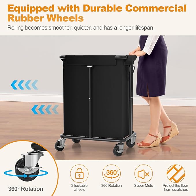 Laundry Basket with Wheels, Rolling Laundry Hamper, 46 Gallons (170L), Removable and Machine Washable Liner, Steel Frame, Large Laundry Cart for Laundry Room, Bedroom, Bathroom, Dorm - Black
