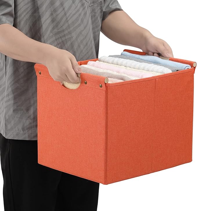 HOONEX Large Collapsible Storage Bins, Linen Fabric, Pack of 2, Storage Baskets with Wooden Carry Handles and Sturdy Heavy Cardboard, for Home, Office, Car, Nursery, Orange