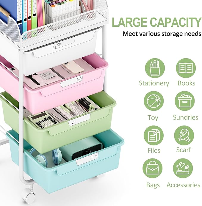 Rolling Cart with 4 Drawers,4 Tiers Rolling Utility Cart Craft Cart,Rolling Storage Drawer Cart with Mesh Top,Storage Cart with Drawers & 4 PCS DIY Lable, Classic Colorful