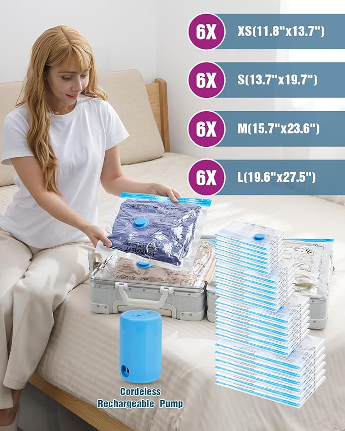 Vacuum Storage Bags for Travel, 24 Pack (6L+6M+6S+6XS) Vacuum Seal Bags with Wireless Rechargeable Electric Pump, Travel Essentials Space Saving Bag for Clothes, Luggage, Carry-on Suitcase, Backpack-NeatNest
