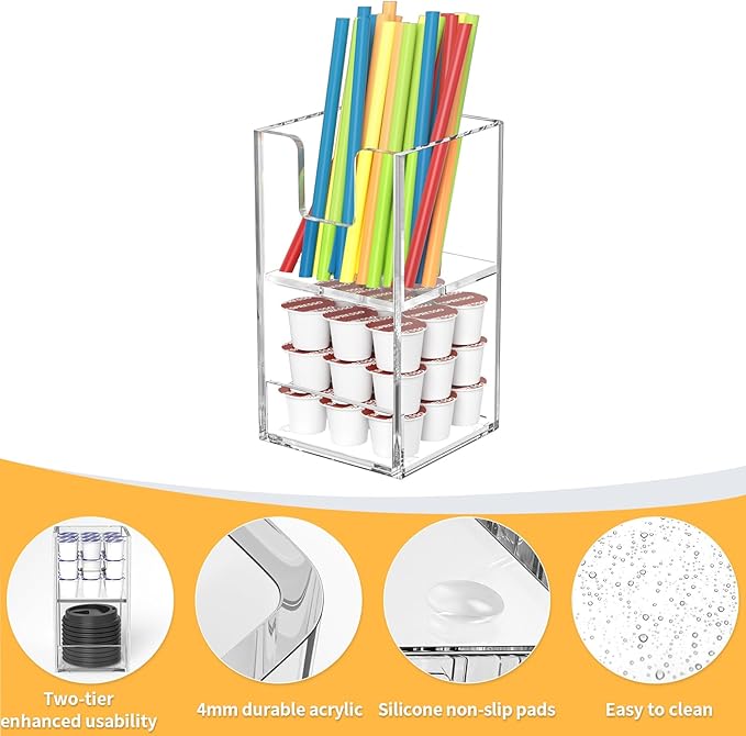 Coffee Condiment and Cup Organizer - 2-Tier Upright Cup and Lid Holder with Straw Organizer 2 Compartments Clear Acrylic Cup Dispenser for Restaurant Breakroom Coffee Station Countertop-NeatNest