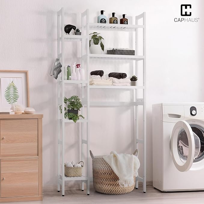 CAPHAUS Over The Toilet Storage Shelf, 7-Tier Bamboo Bathroom Organizer Shelf Rack Over Toilet with Adjustable Feet & Hooks, Freestanding Toilet Shelf for Bathroom Laundry Balcony Plant Stand, White-NeatNest