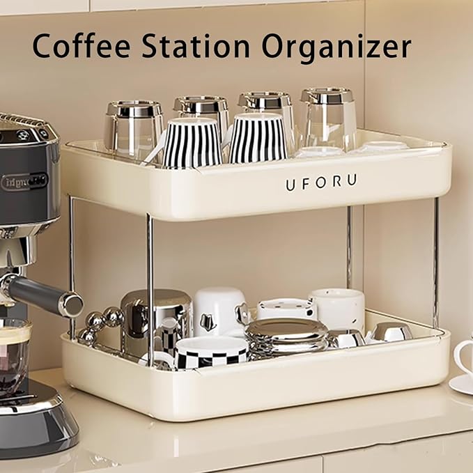 Countertop Coffee Station Organizer, 2 Tier Wine Glass Holder, Mug Shelf with Removable Drain Tray, Spice Rack for Kitchen, Bathroom Countertop Organizer, Cream White-NeatNest