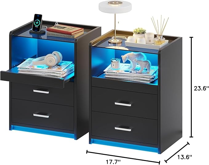 VIAGDO Nightstands Set of 2 with Charging Station and LED Lights, Black Night Stand Set 2 with Glass Top and Storage Drawers, End Side Tables with Pull-Out Tray, Modern Bedside Tables for Bedroom