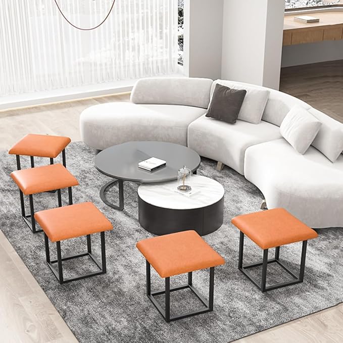 Small Square Pouf Foot Stool Ottoman 5 in 1 Nesting Poufs Cube Chair Stackable Sofa Chair Foot Rest Cube Seating Poufs Upholstered Metal Frame Foot Rest Bench for Couch, Dining Room, Bedroom
