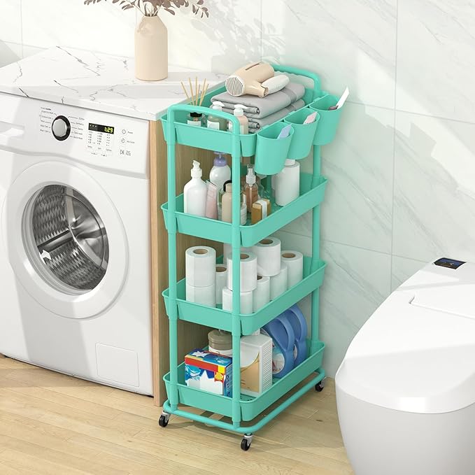 JIUYOTREE 4-Tier Plastic Rolling Storage Cart Utility Cart with Extra Hanging Cups Handles Lockable Wheels for Living Room Bathroom Kitchen Office Green-NeatNest