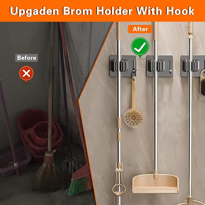 Mop Broom Holder-Self Adhesive Stainless Steel Broom Hanger Organizer for Bathroom, Kitchen, Office，Utility Room，Laundry Room,Home Garden, Garage Storage and Organization Rack(Silver gray-4Psc)-NeatNest