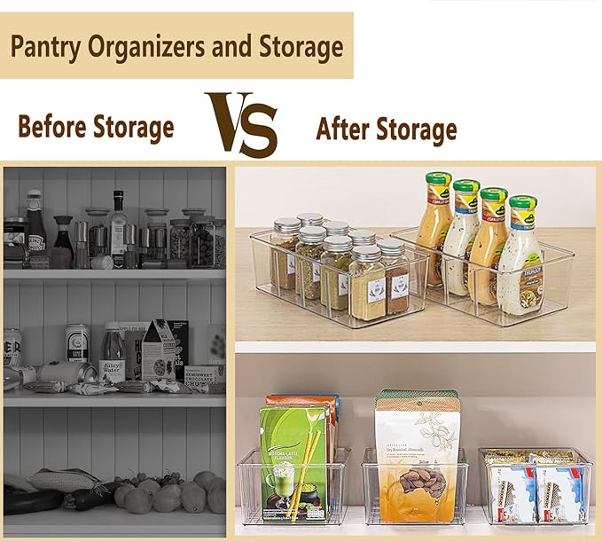 8 Pack Refrigerator Organizers and Storage,Clear Plastic Storage Bins with 3 Dividers for Pantry,Kitchen,Fridge Organization and Storage,Snack Containers for Spice Packets,Tea bag organizer-NeatNest