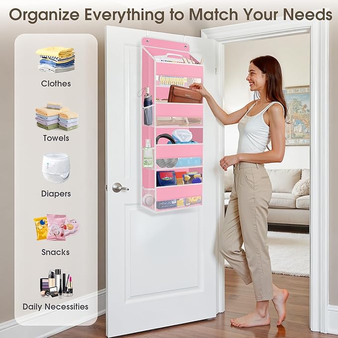 1 Pack Over The Door Organizer Hanging Storage Organizers with Clear Window 40lb Large Capacity Room Organizer for Pantry Laundry Bathroom Nursery Closet(Pink)-NeatNest