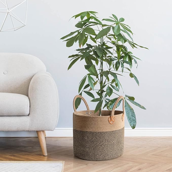 CHICVITA Wicker Laundry Basket With Handles, Storage Baskets for Decor, Rope Basket for Blankets, Toys, Clothes, Shoes, Plant Basket for Living Room, 14" X 14" X 12"-NeatNest