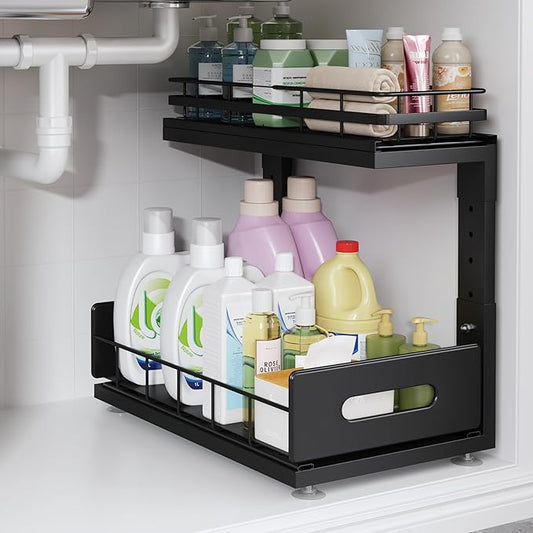 1 Pack Under Sink Organizer Upgrade To Professional Rails,2-Tier Dual Pull Out Cabinet Storage,Height Adjustable Slide Out Drawers For Bathroom Kitchen,Under Sink Shelf-Black-NeatNest