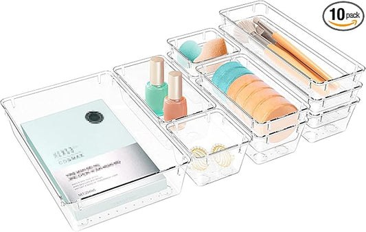 10 PCS Drawer Organizer Set,4 Varied Size Bathroom and kitchen Drawer cabinet organizer Trays, Clear Storage Bins for Makeup, Jewelry, Utensils and Gadgets-NeatNest
