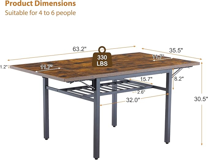63.2" Folding Dining Table for 4-6 People, Drop Leaf Table with Storage Rack Extendable Kitchen Dinner Table for Small Spaces, Chairs Not Included (Brown)-NeatNest