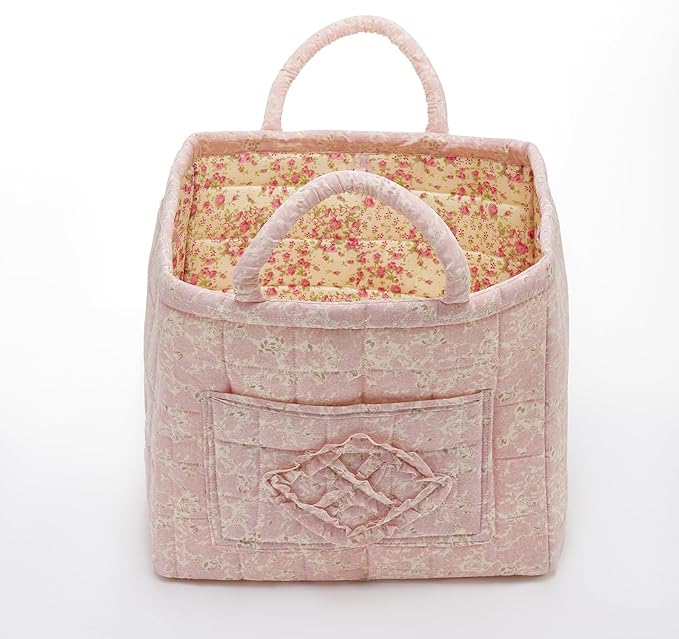 Boho Fabric Storage Basket Quilted Floral Print Baskets Organizer Bin with Handles for Home, Picnic, Shopping (Pink, L)-NeatNest