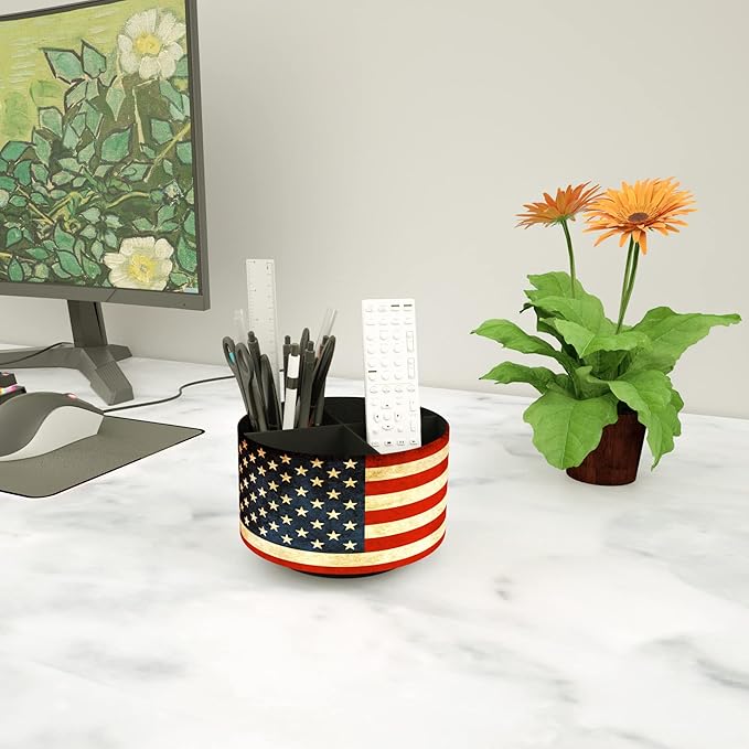Hennaja Round Leather Art Supply Organizer,Remote Control Holder,360 Degree Rotating,Multi-Functional Pencil Holder,4 Compartments Desktop Stationary Organizer(1-American Flag)-NeatNest