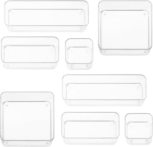 Eight Piecs. Plastic Clear Drawer Organizers for Bathroom, Kitchen, Bedroom, Office Organizer Bins, Storage Trays. Heavy Duty, Stackable 4 Sizes-NeatNest