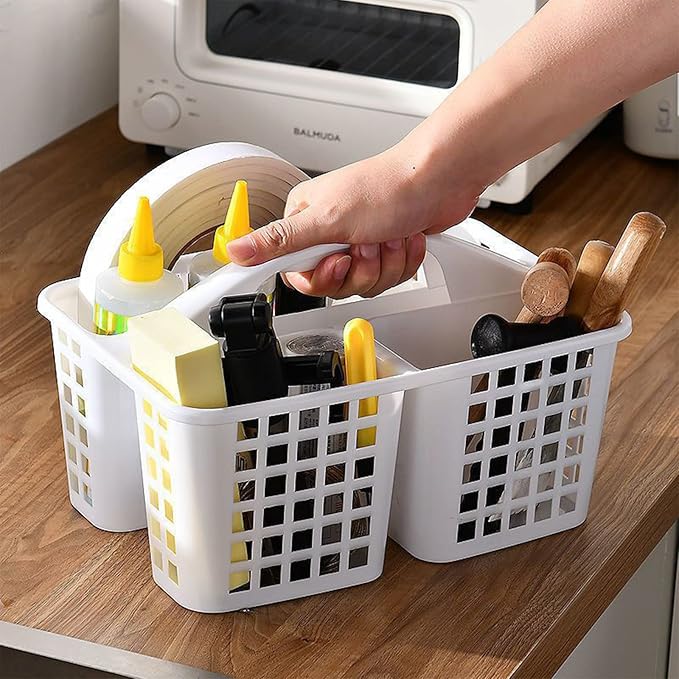 JiatuA Portable Shower Caddy Basket with Compartments Cleaning Supplies Organizer with Handle Plastic Storage Divided Tool Bin for Bathroom, Bedroom, Kitchen, College Dorm, Garden, Under Sink, White