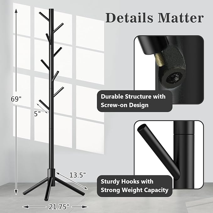 2 Pack Coat Rack, Solid Wood Coat Rack Freestanding with 8 Hooks & 3 Adjustable Heights, Simple Assembly Coat Tree for Hats, Bags, Wooden Coat Hanger Stand for Bedroom, Entryway, Office-NeatNest