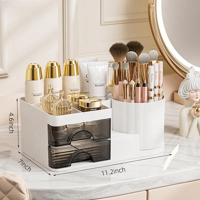 Makeup Organizer for Vanity with 2 Drawers,Countertop Rotating Makeup Brush Holder,Bathroom Organizer Holder,Cosmetic Display Case for Lipstick,Beauty,Skincare Organizer (White)-NeatNest