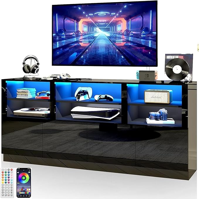 32'' Tall Black TV Stand for 65/75/80/85 Inch TVs with RGB LED Lights,Modern High Gloss Entertainment Center Cabinet Stands with Storage Shelves and Doors,TV Media Console Table for Living Room-NeatNest