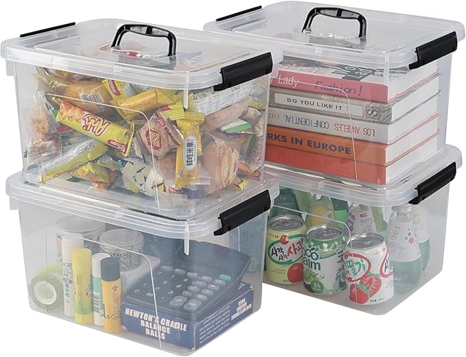 12 Quart Latching Storage Box, 4 Pack, Clear Plastic Organizer Bin with Handle