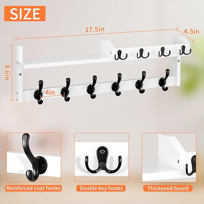 Coat Rack Wall Mount with Shelf, 27.5" Entryway Wall Hanging Shelf, Coat and Key Hanger with 10 Dual Hooks, Mail Organizer and Key Holder Hat Rack for Wall, Wood Coat Hooks with Storage-NeatNest
