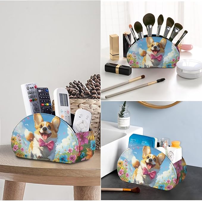 Cute Corgi Dog Bow Tie Print Remote Control Holder with 5 Compartments, Lightweight Office Desk Organizers - Couch/TV Stand/Bedside Table/Home Theater Accessory - Desktop Caddy-NeatNest