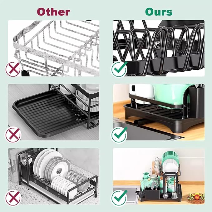 Household Kitchen Countertop Dish Rack - Adjustable Utensil Drying Rack & Plate Bowl Organizer with Drainer Tray - Space-Saving Storage for Dishes, Cups, Chopsticks