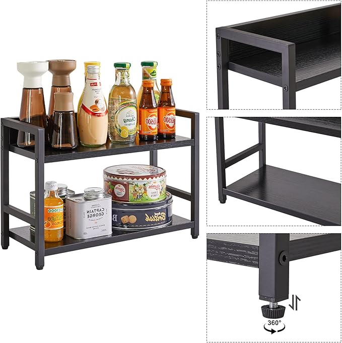 IBUYKE 2-Tier Spice Rack Industrial Counter Shelf Desktop Storage Organizer Standing Seasoning Rack for Countertop Kitchen Office Living Room Desktop Black UTLJ002B-NeatNest