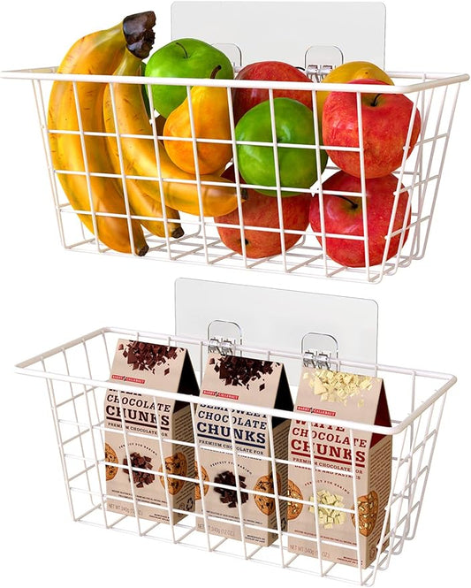 MaraFansie Wall Wire Baskets Bin No Drilling Adhesive Hanging Baskets Wall Mounted for Cabinet & Pantry Organization and Kitchen, Bathroom, Bedroom Storage, 2 Pack, White-NeatNest