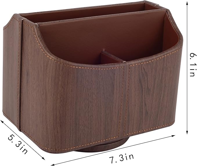 Brown 360 Degree Swiveling TV Remote Control Holder/Caddy, Leather Desk Organizer for Office and Home Furniture Decoration Storage Box(Dark wood grain)-NeatNest